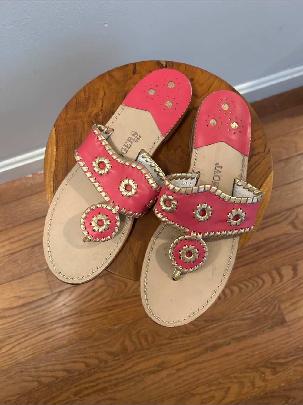 Jack Rogers Coral Pink Leather Sandals with Gold Accents